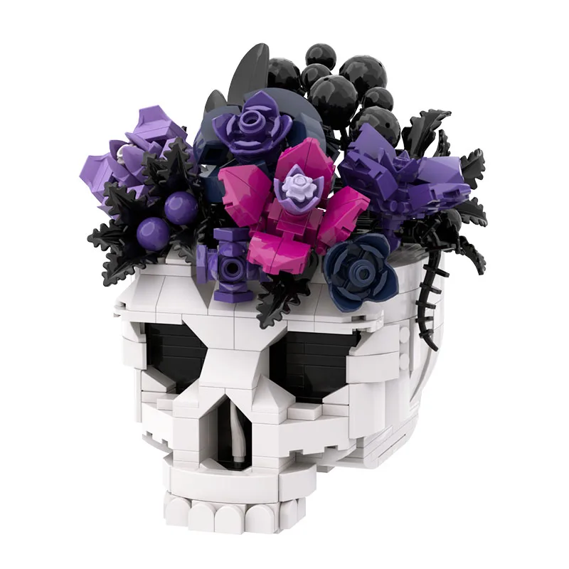 MOC Skull Roses Bouquet Bricks Model Gothic Crow Skull Flowers Plant Pot Decorate Building Blocks Assembly Toys Kids DIY Gifts