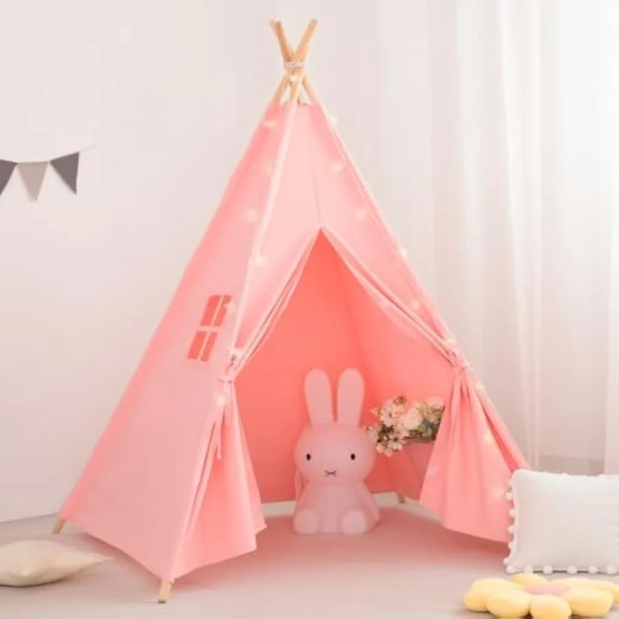 

Teepee Tent with Lights and Carry Bag Natural Cotton Canvas Toddler Play Tent for Girls and Boys Washable Foldable Indoor Outdo