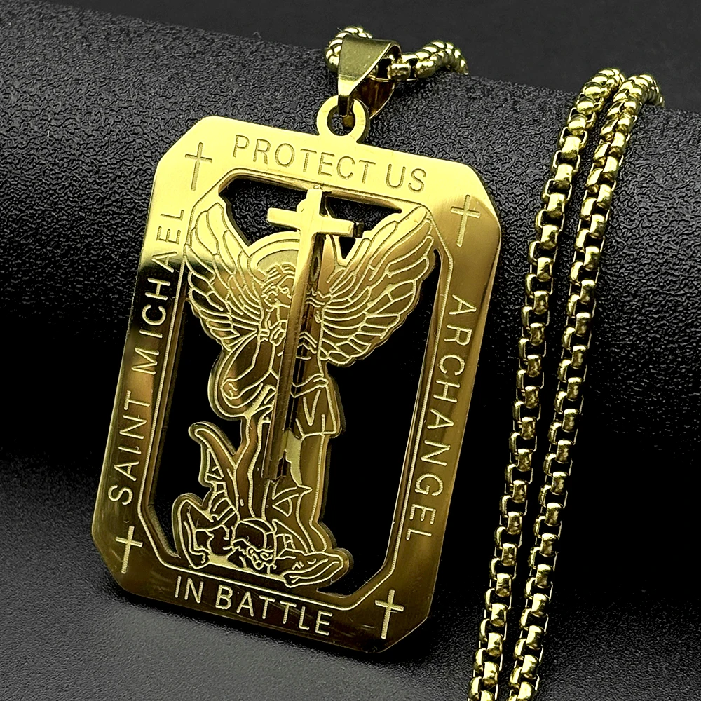 Archangel St.Michael Protect Us Medal Cross Pendant Necklace for Women Men Stainless Steel Saint Michael Amulet Chain Jewelry