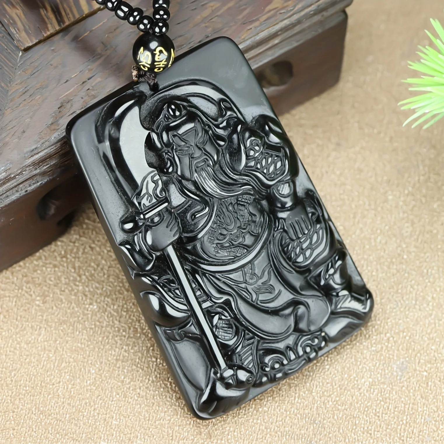 Elegant Obsidian Guan Gong Pendant, Natural Stone Guan Yu Samurai Amulet, Unplated - Handmade Spirit Necklace