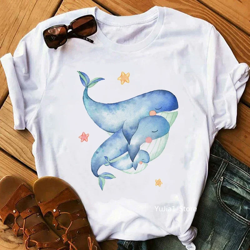 Whales Watercolor Flowers Roses Print Women'S T-Shirt White Tshirt Femme Summer Fashion Short Sleeve T Shirt Female Tops