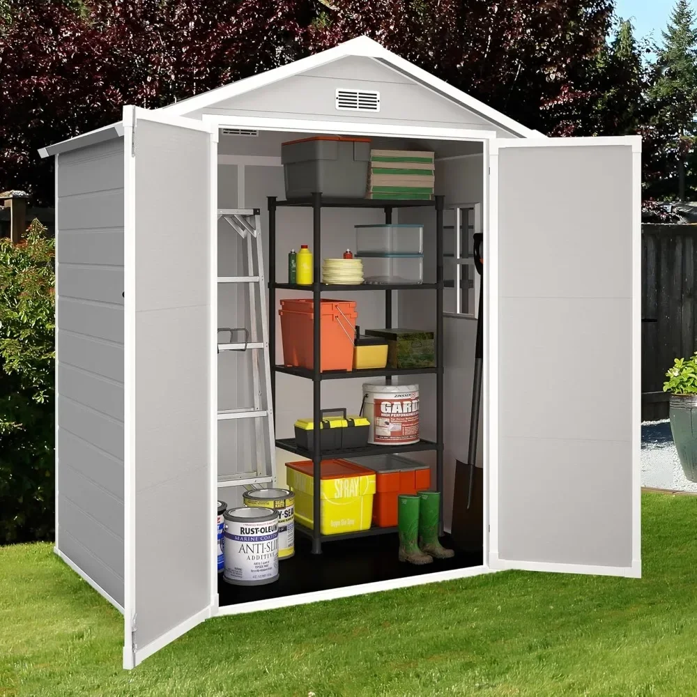 6 x 4 FT Resin Storage Shed Outdoor Storage Shed Storage Sheds Outdoor with Floor, Side Window, Plastic Shed with Lockable Door