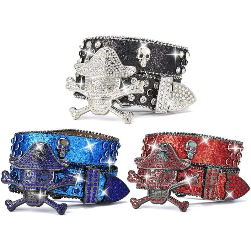 A52E Blingbling Skull Butl Belt Rhinestones Spodnie Pasek Pasek Pas dla dorosłych pasek punkowy