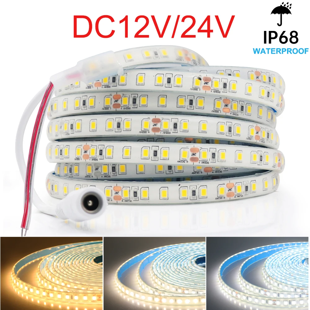 IP68 Waterproof LED Strip Light DC12V 24V 2835 120LEDs/m Flexible Adhesive Outdoor Lamp 3000K 4000K For Swimming Pool Garden