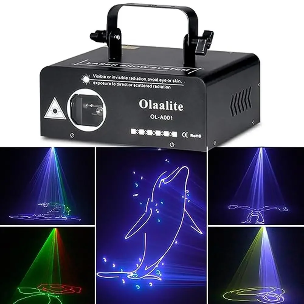 

3D Full Color Stage Laser Light with Sound Activated DMX Control Funny Animated Graphics Iron RGB DJ Lights Disco Bar Party A001