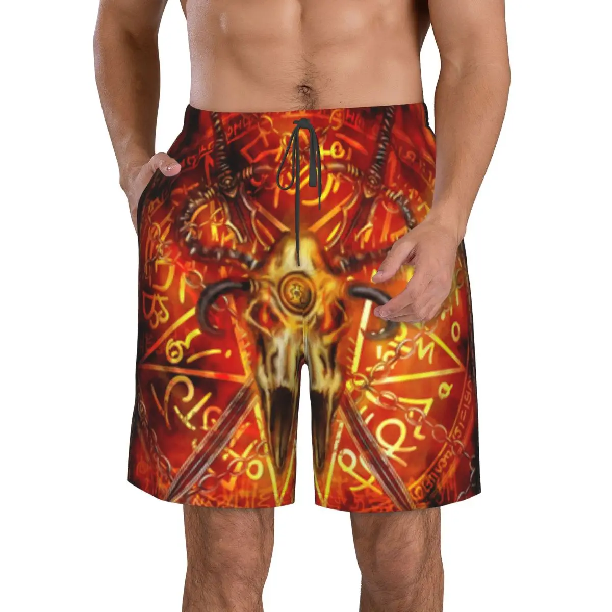 

Quick Dry Swimming Shorts Fantasy Swords Demonic Skull Pentagram And Fire Swimwear Man Swimsuit Swim Trunks