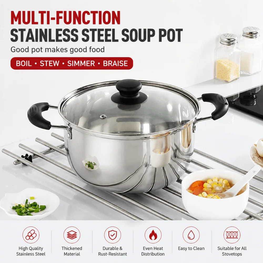 Stainless Steel Stock Pot Deep Pot Double Handle with Lid Baby Soup Pot 18/20/22/24cm Heat Resistant ‌Baby Food Cookware Kitchen