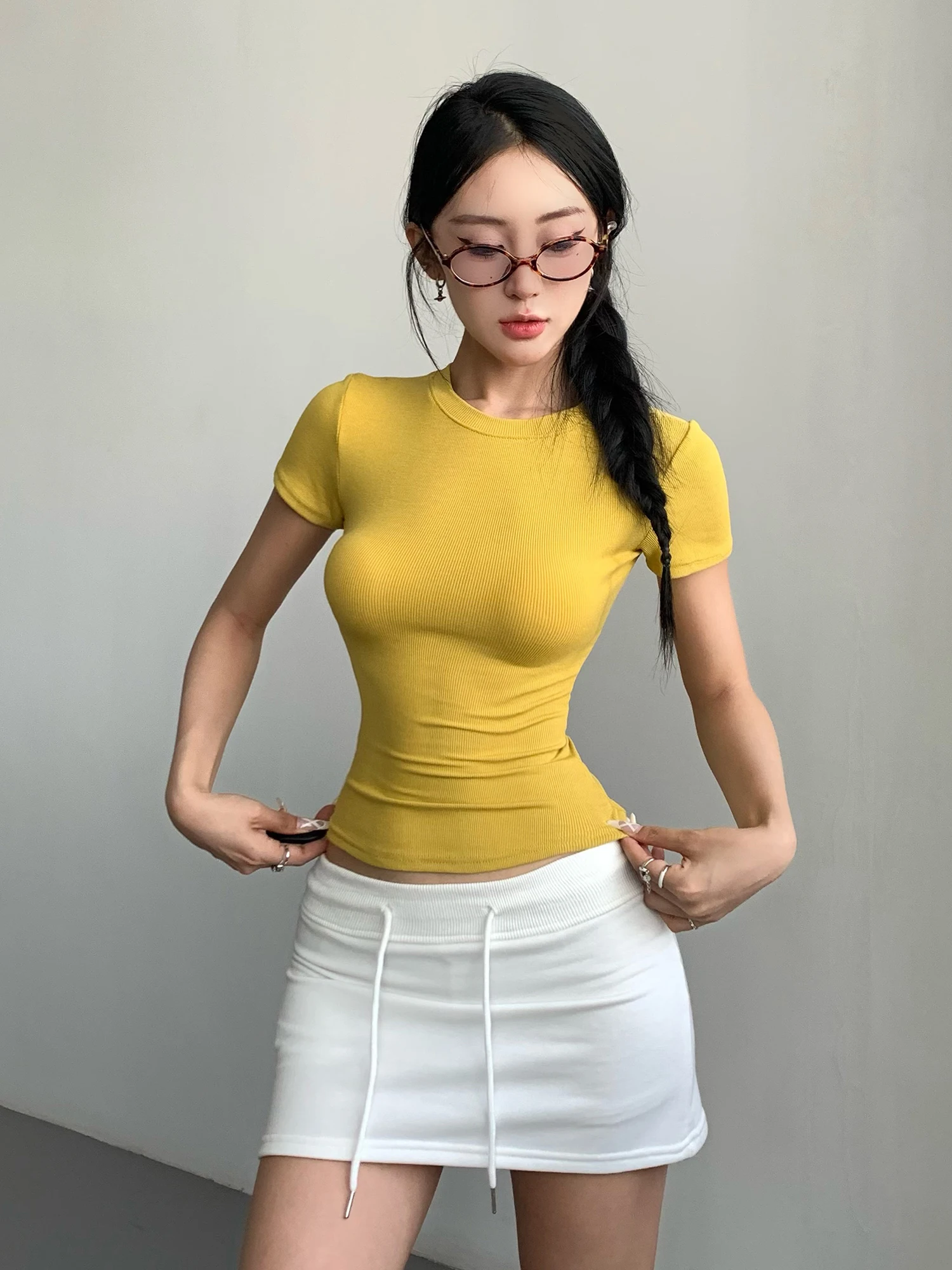 American Style Solid Color Short Sleeve Round Neck T-shirt Women's Summer 2024 Casual Spicy Girl Slim Mid Length Style Top D311