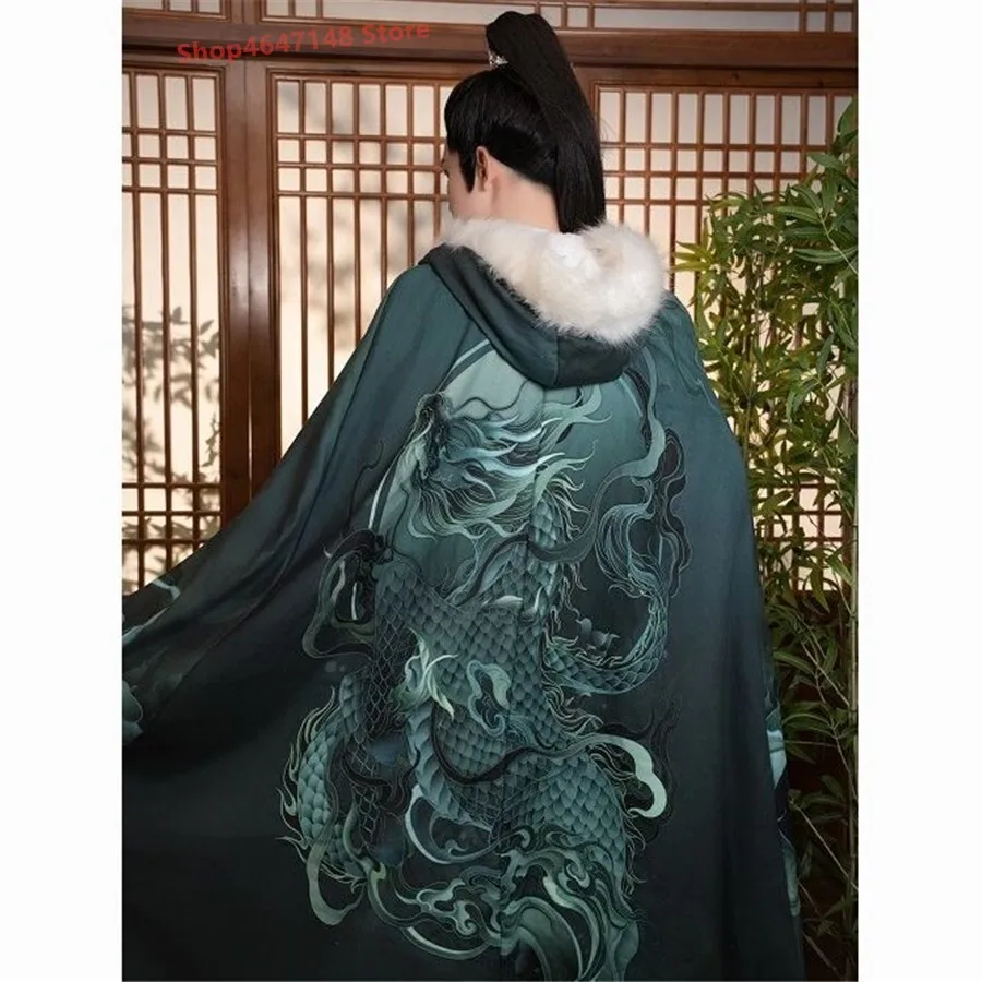 

Winter Traditional Dragon Hanfu Cloak Tang Dynasty Men Women Thicken Velvet Robe Ancient Royal Cosplay Outerwear Tops Warm Boys