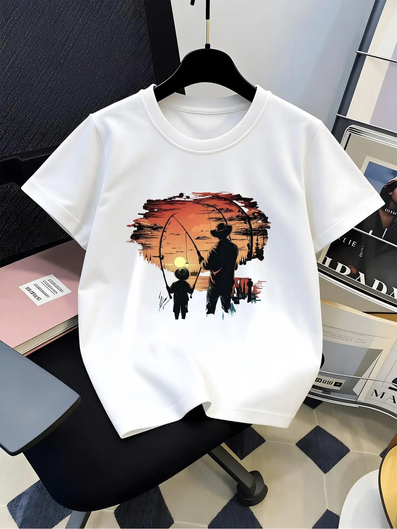 Father Son Sunset Fishing Silhouette Graphic T Shirt For Boys Girls Family Matching Short Sleeve Tee Parent Kids Summer Tops