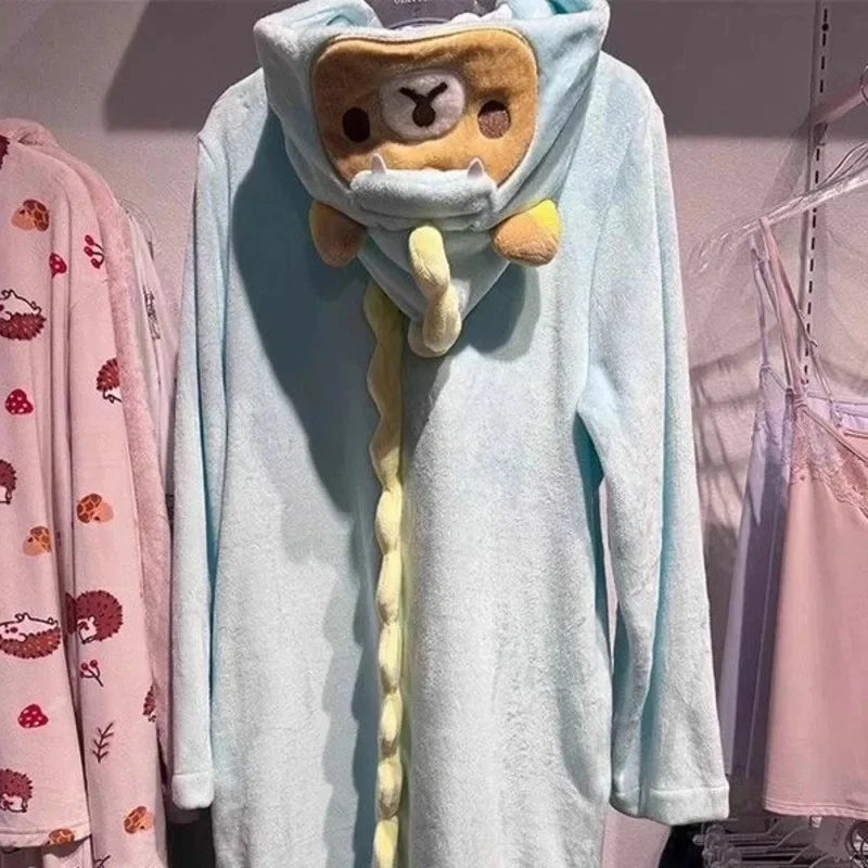 Kawaii Cartoon Rilakkuma Coral Velvet Pajamas Winter Women Plush Thickened Home Clothing Cute Anime Long Sleeve Sleepwear Set