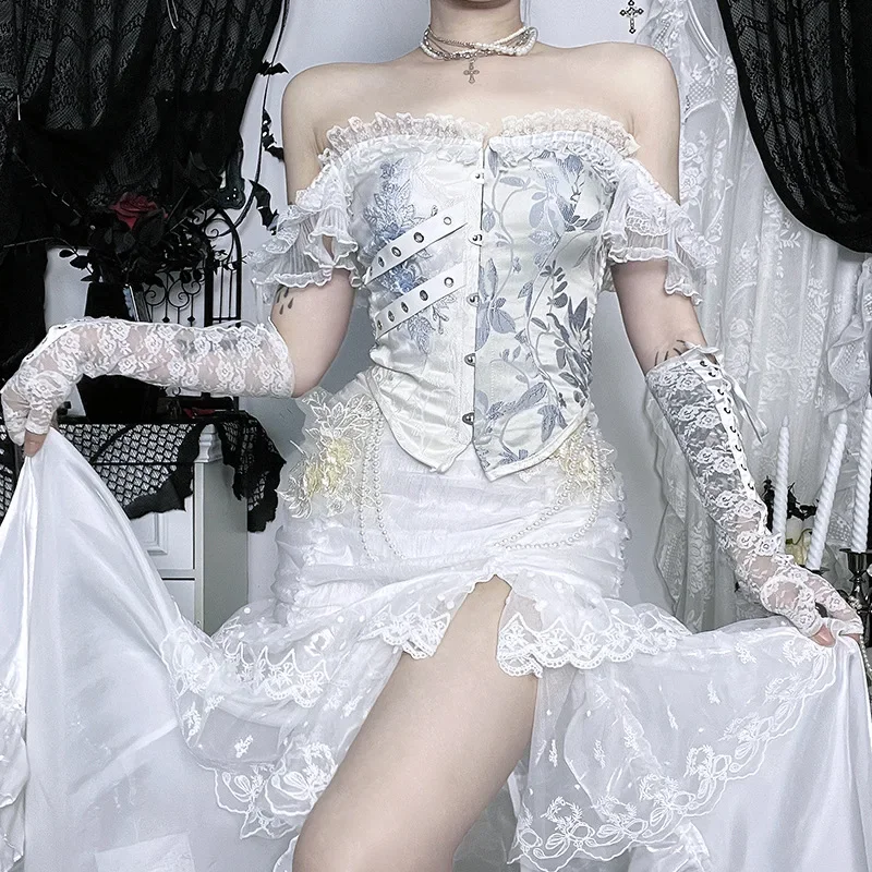 خريف جديد القوطية مثير فتاة الساخنة سترة القوطية الأزهار الدانتيل المرقعة القمم 2000s Y2k ثقافة فرعية واحدة الكتف المتناقضة تونك #5