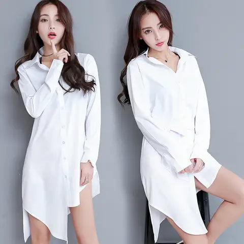 Chemise asymétrique sexy à manches longues pour femme, coupe ample amincissante avec ceinture, style coréen BF, robe décontractée blanche avec nœud papillon