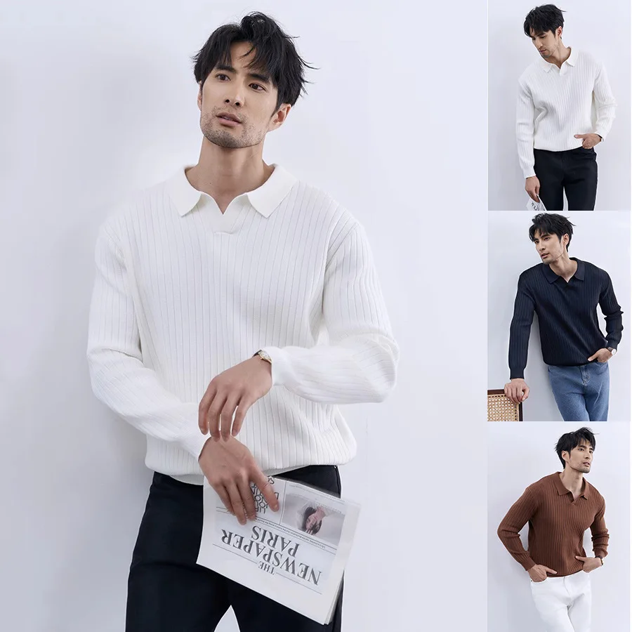 Spring and Autumn New POLO Shirt Lapel Long Sleeve Knitted Sweater Men's Light and Slim Business Trend