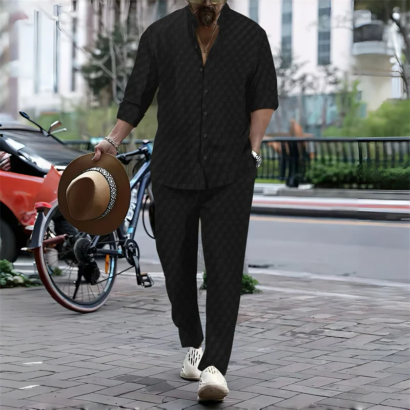 

Men's plaid jacquard single-breasted shirt suit, casual vacation style loose trousers two-piece suit, trendy tops and pants