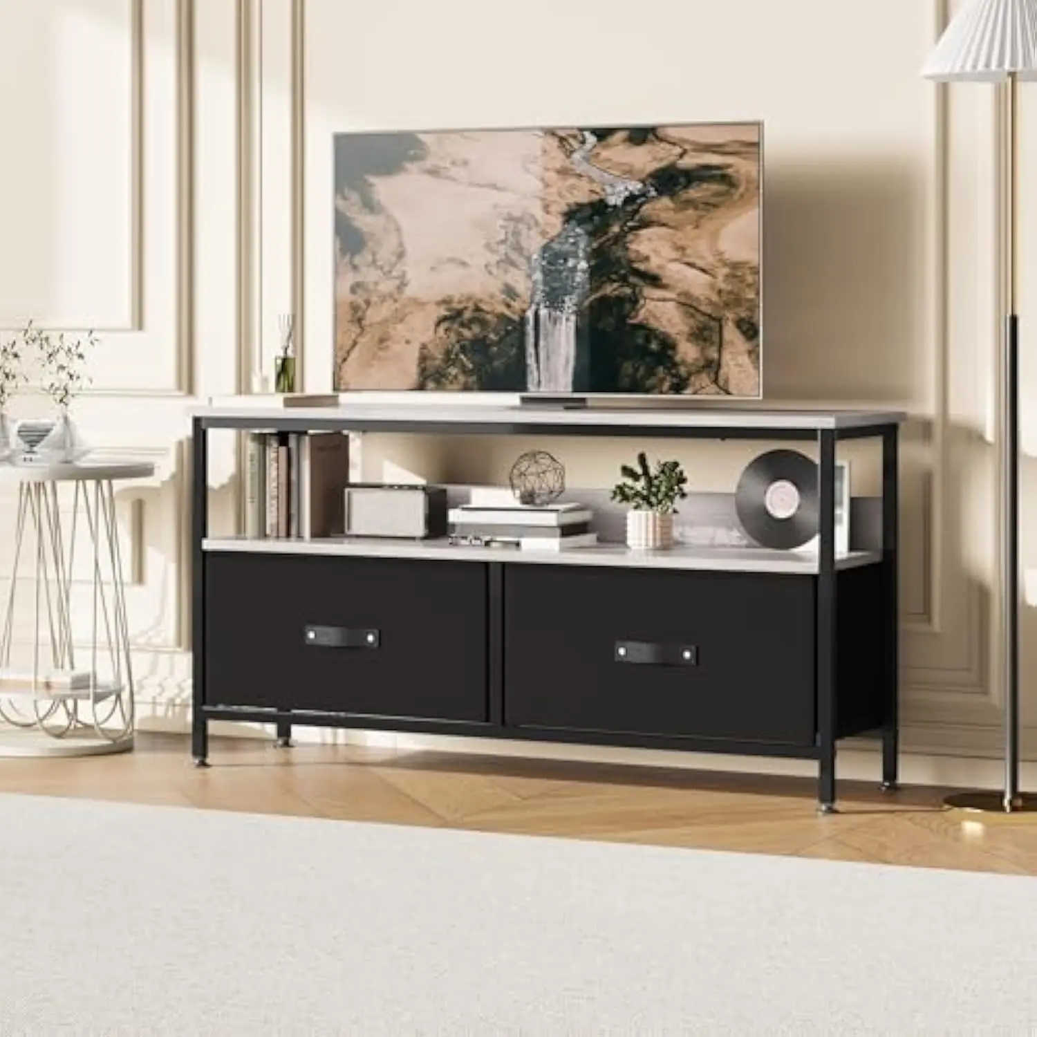 

TV Stand Dresser with Storage, TV Console for Living Room, 2-Drawer Entertainment Center with Open Shelf, Fabric Drawer TV Cabi