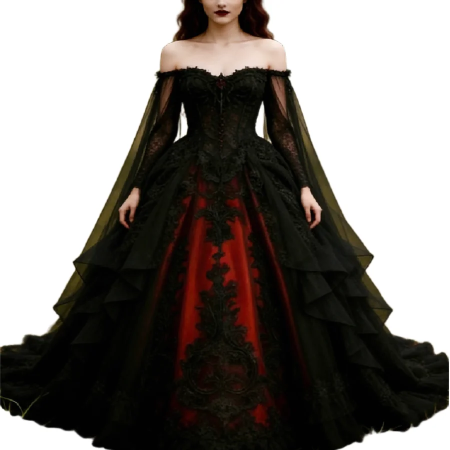 Ethereal Black Red Gothic Wedding Dress Ball Gown Off Shoulder Cap Sleeves Appliques Lace Vampire Bridal Dresses Unique 2026
