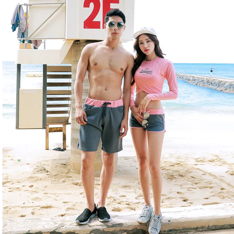 Korean Couple Clothes Swimsuit Women Men's Tankini Sets Pink Gray Surfing Suits Beach Wear Bathing Suit Sports Shorts Swimwear