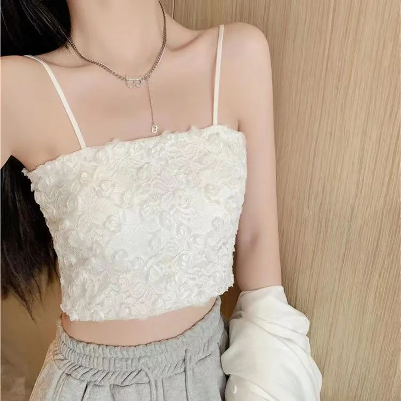 Women Sleeveless Lace Camisole Floral Spaghetti Strap Tank Top Female Summer Pink Vest With Chest Pad Crop Top 2000s Clothes Y2k