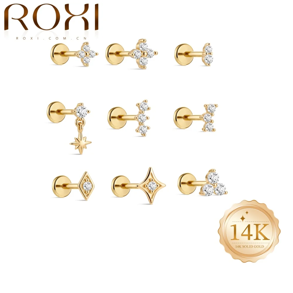 ROXI Clous d'oreilles hypoallergéniques en or massif 14K, boucles d'oreilles en forme d'octogone, étoile, fleur, en V ou marquise pour femme