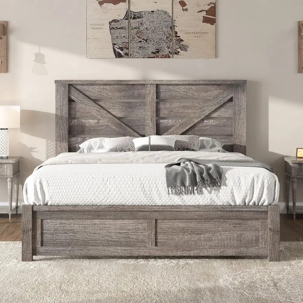 

Queen Size Bed Frame with 49.2 Barn Door Headboard, Farmhouse Platform Bed Frame with Wood Slats, Under Bed Storage Space, Easy