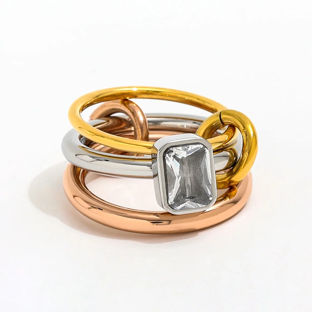 

Joolim Jewelry Wholesale High End PVD No Fade Fashion Designer Three-tone Three Circle Zirconia Stainless Steel Ring For Women