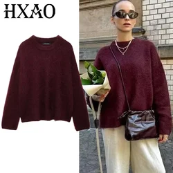 HXAO Faux Wool Knitted Sweater Women Autumn Winter Long Sleeve Oversize Sweater Woman Round Neck Burgundy Sweater Jerseys