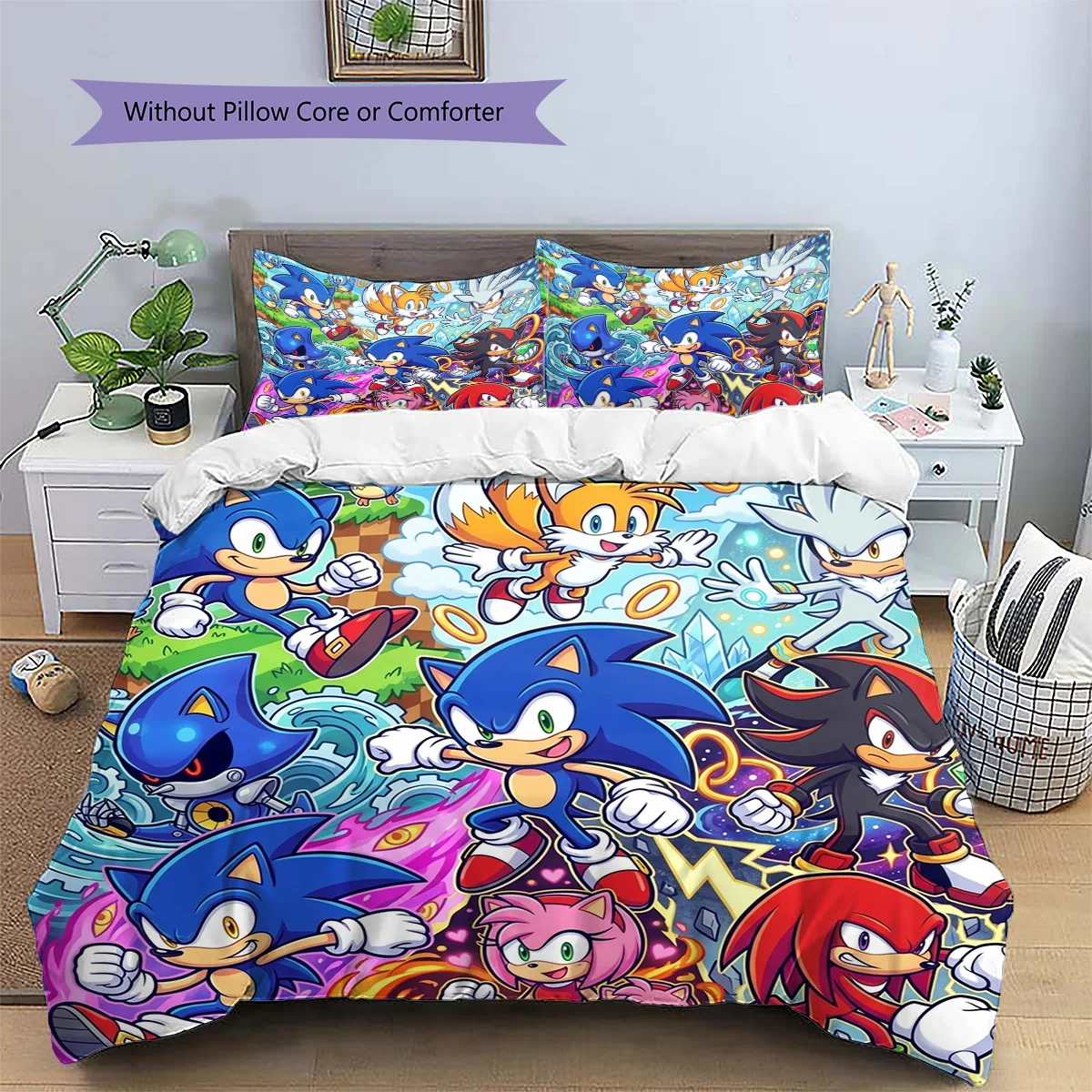 Hedgehog Sonic Patterned Pillowcase & Duvet Cover Set Anime Room Decor Bedding Bedroom Decoration for Lovers.-TING - view 2
