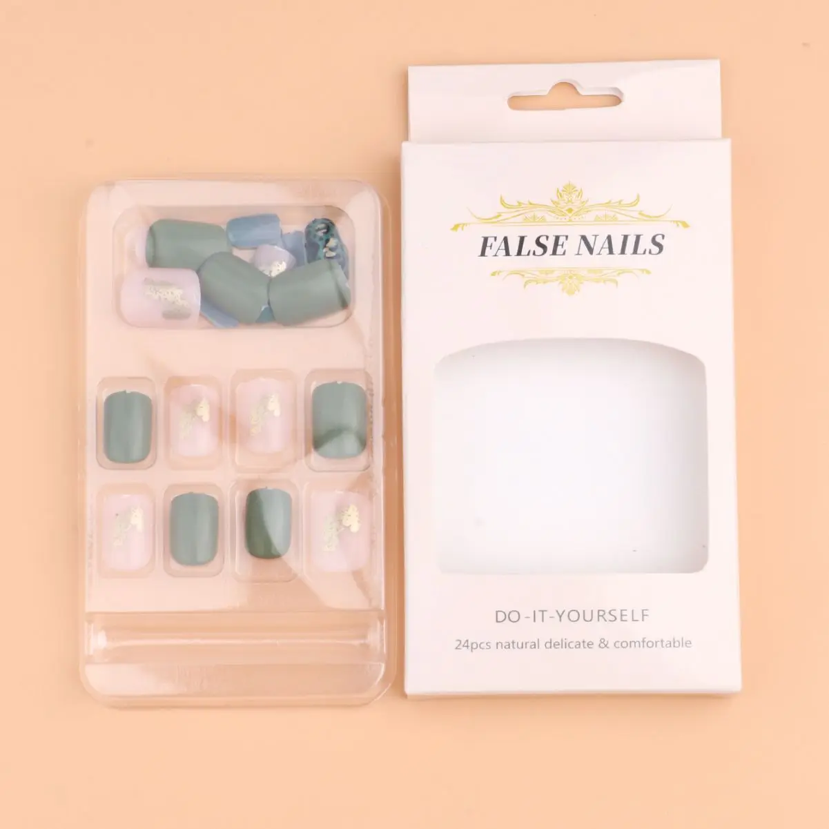 Korte Franse minimalistische pers op nagels Luipaardprint Kunstnagels Groene luipaardprint Ontwerp Kunstmatige volledige dekking nageltips