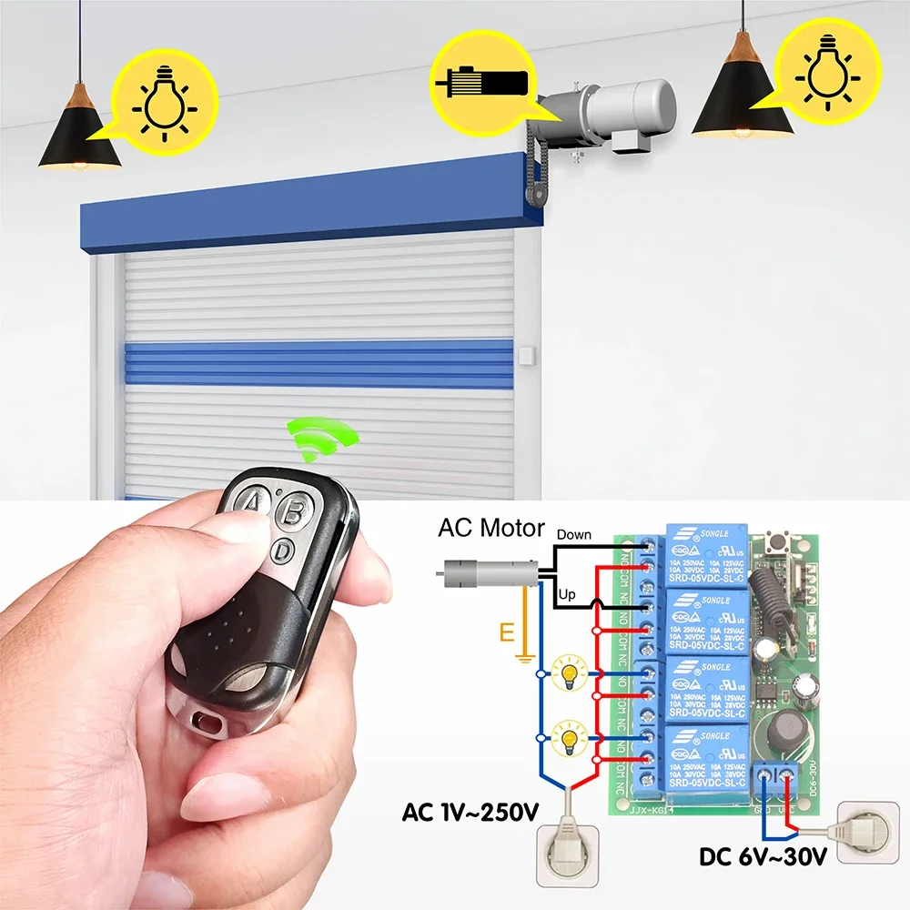 RF Universal Wireless Remote Control Switch 433MHz DC 6V 12V 24V 10A Relay Receiver,50m Transmitter for Garage Door Motor Lamp