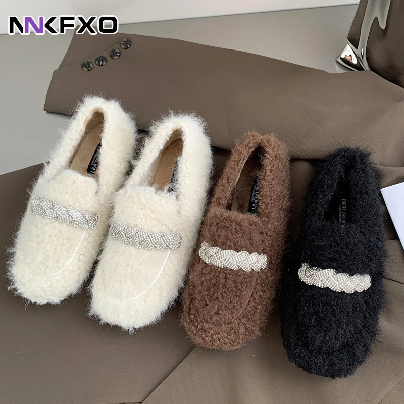 

Fashion Fur Women Loafers Casual Thick Sole Moccasins Crystal Winter Snow Shoes Woman Fur Espadrilles Flats Creepers vc4412