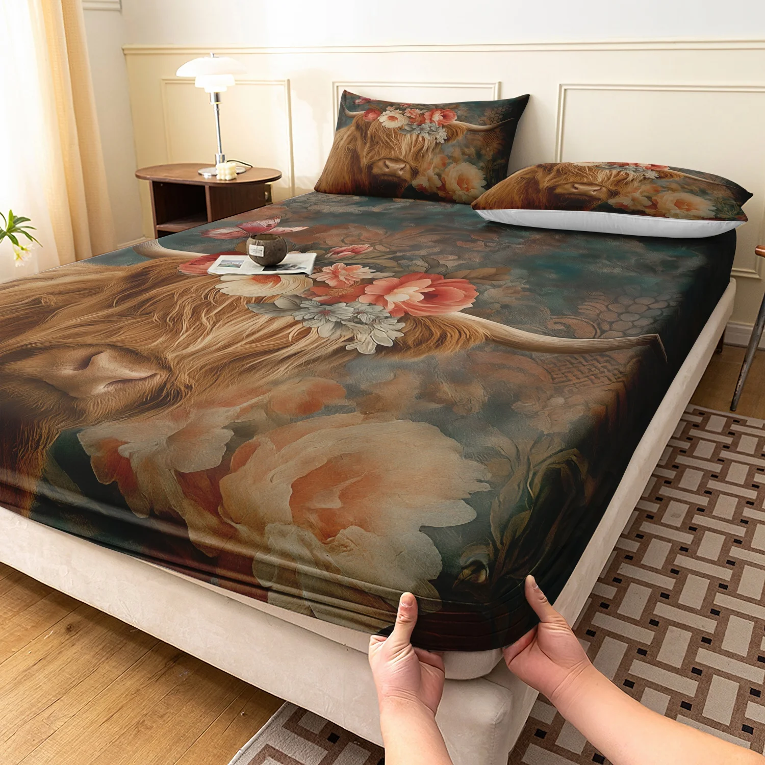 3 Pieces Rustic Western Floral Highland Cow Fitted Sheet Set, Dark Green Vintage Peony Flower Print Bedding,For All Adult Sizes