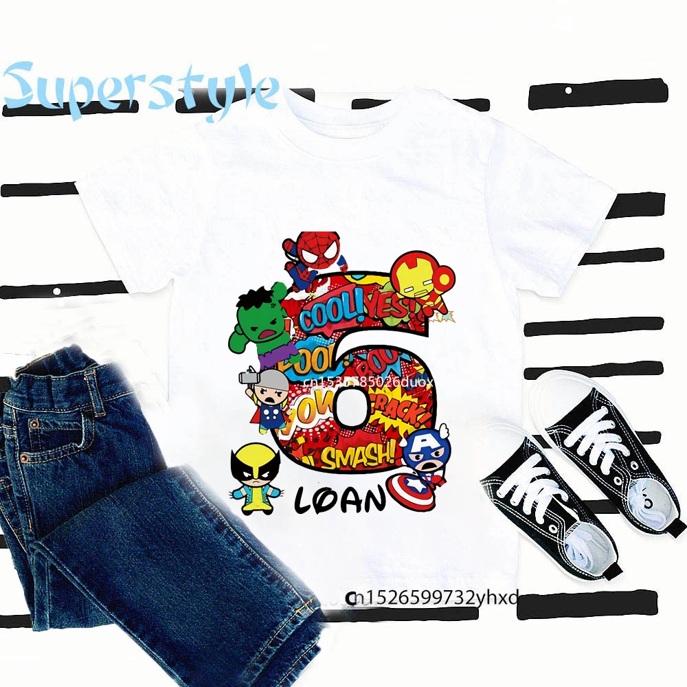 

Summer 2 3 4 5 6 7 8 9 Birthday Marvel SuperHero Short Sleeved Boys T-shirts The Avengers Personalize Name Birthday Girls Shirts