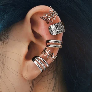 Simples Vintage Metal Clip Brincos Set para Mulheres, Adolescentes Casual Folha Oca, Falso Brinco Piercing, Acessórios Jóias Presente, 5-15Pcs 12 principais vendas fake piercing orelha - №8