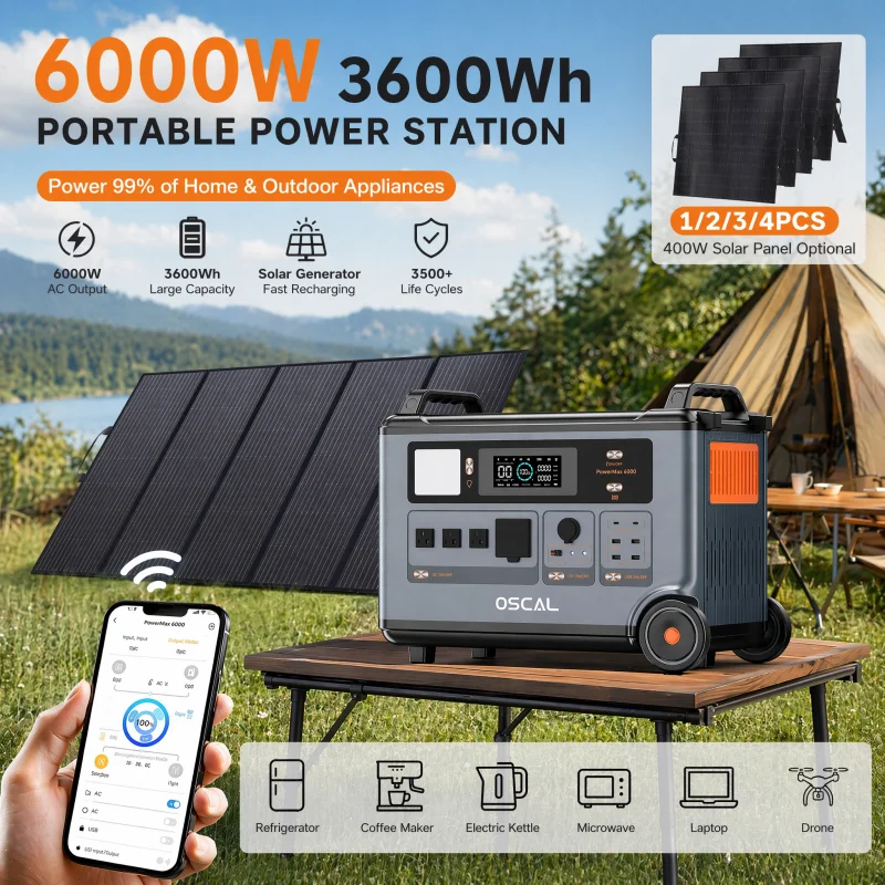 OSCAL PowerMax6000 Portable Power Station With 400W Solar Panel,6000W Continuous 9000W Peak,LiFePO4 Battery,2200W AC 2400W Solar Fast Charging,APP Monitor,Emergency Power Backup for Home,Camper,Outdoor Blackout