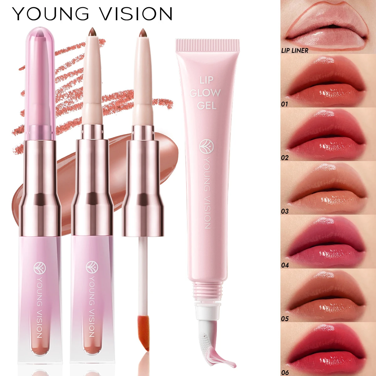مجموعة مكياج كاملة احترافية من YOUNGVISION، بطانة شفاه مزدوجة ومرآة سائلة، مستحضرات تجميل LIP GLOW GE Llip