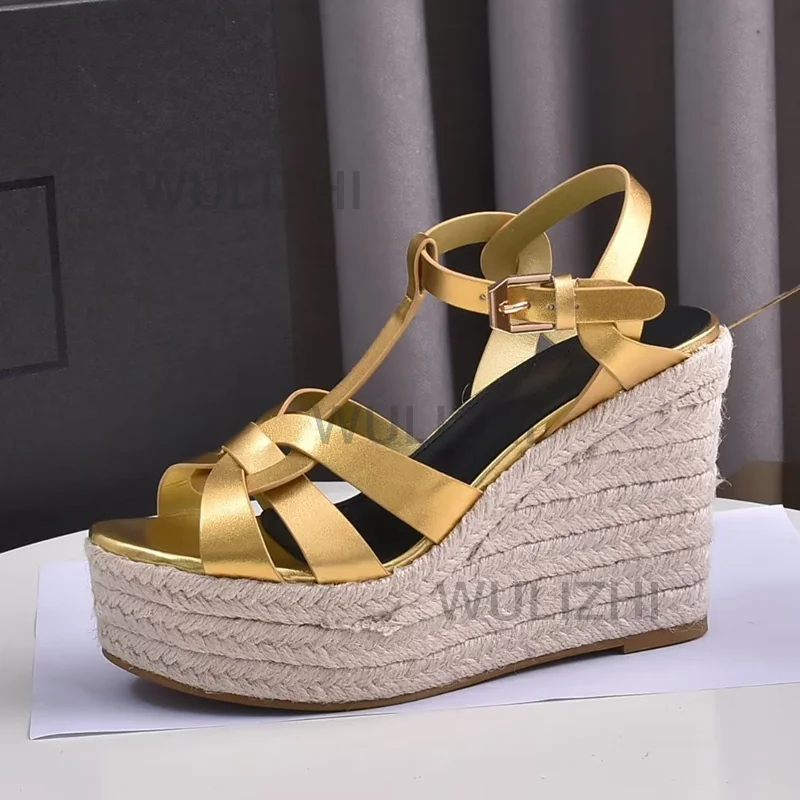 Wedge Espadarille Gold Open Leather Sandals Women Black Cross Mesh 10Cm Heels Summer Girls White Casual Shoes Office Lady Weave