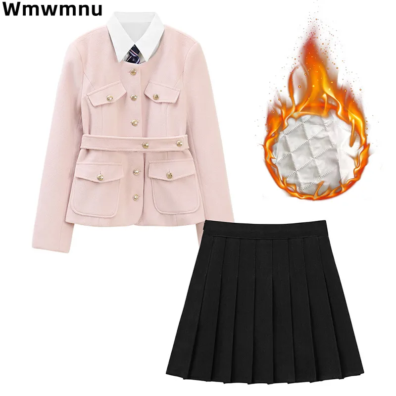 Korea Pink Wool Blend Women 2 Piece Sets Cotton Padded Lined Elegant O-neck Coats Tops Conjunto Warm High Waist Skirts Ensembles