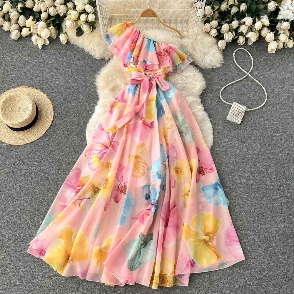 Summer Holiday Party Boho Maxi Dress Women\'s Off Shoulder Chiffon Floral Print Ruffles Loose Elegant Sexy Long Dress Women