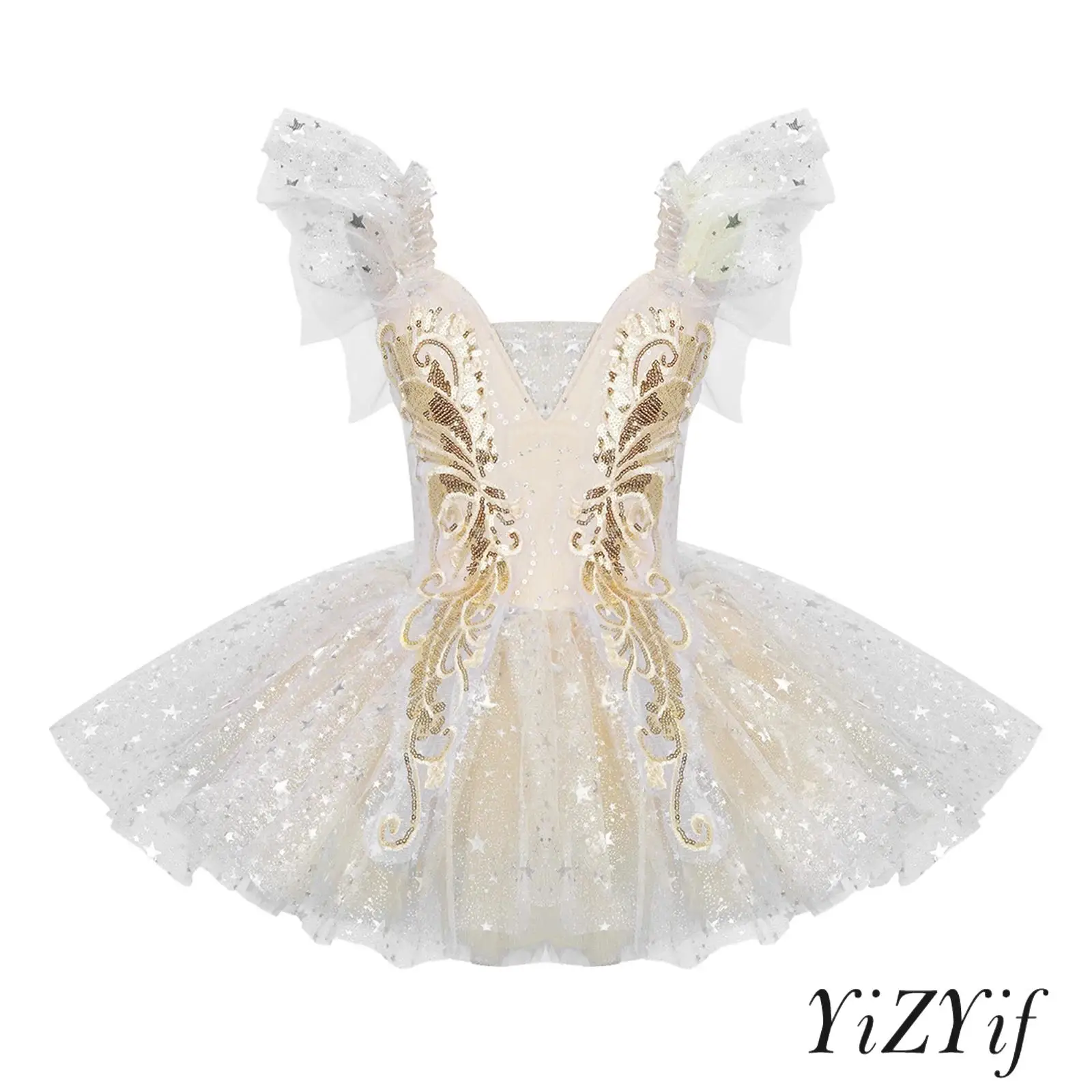 

Girls Ballet Dance Performance Princess Dress Sequin Applique Tulle Tutu Dress with Cuffs and Pantyhose for Stage Performance