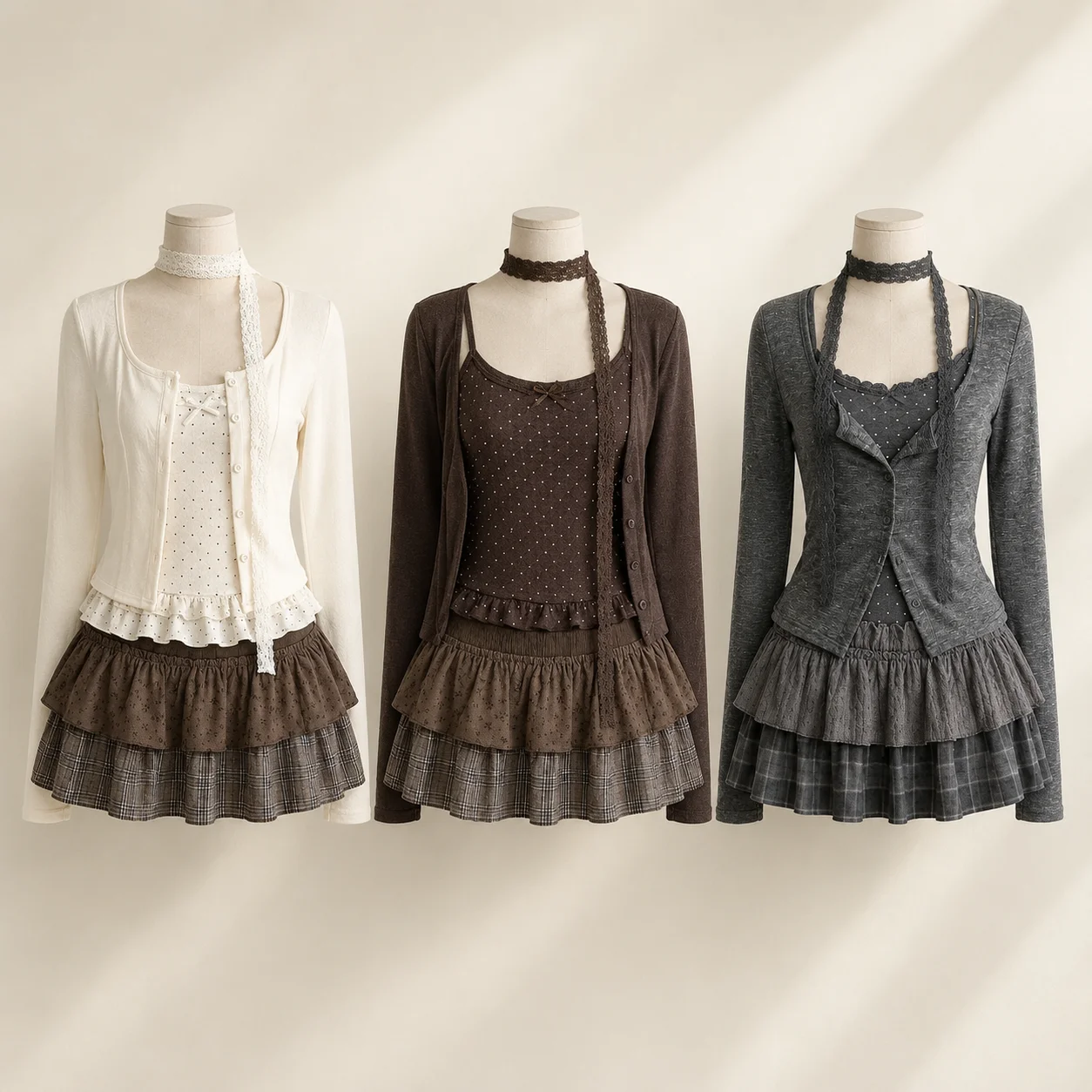 Retro Y2K Harajuku 3-Teiliges Set für Damen, Süße Spitzenrüschen, Trägerloses Tanktop, Weiche Strickjacke, Gepunkteter Minirock, Alltagsmode