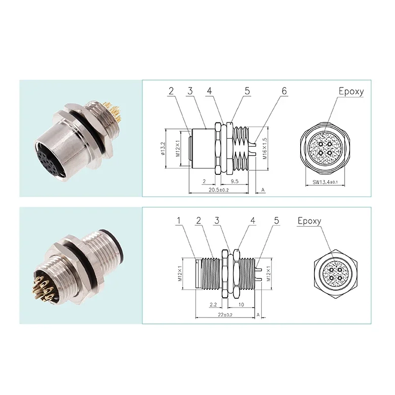 M12 2 3 4 5 6 8 12/17Pin Panel Socket Waterproof Front/Back Flange Connector Plug Welding PG9 M16 Male Female B/D-type Socket