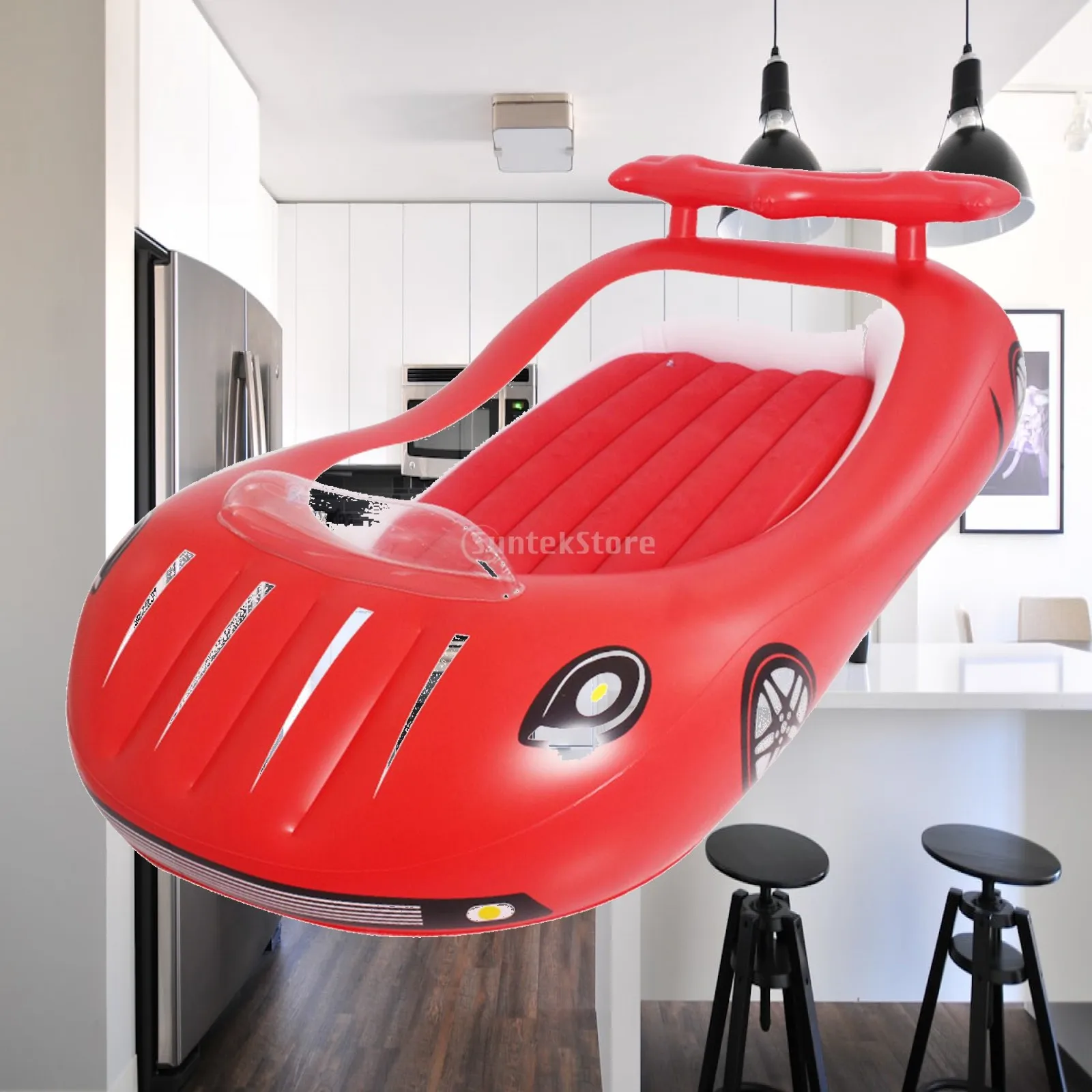 Portable Inflatable Children Travel Bed with Raised Sides Soft Flocked Surface Car Design for Home Camping Indoor Outdoor Use