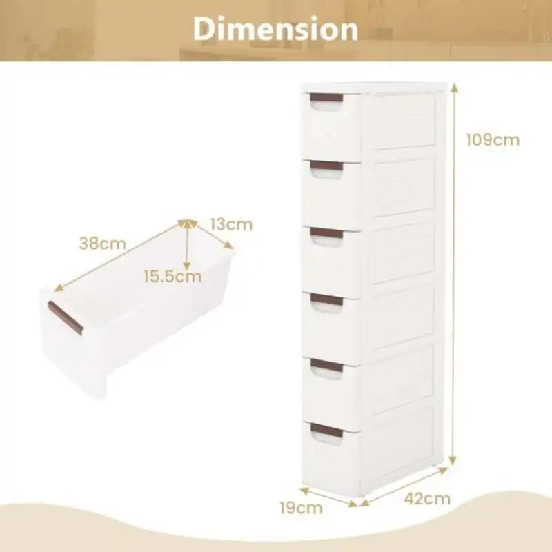 3/4/5/6-Drawer Rolling Organizer Unit Narrow Storage Cabinet with Built-In Wheels for Small Space-6-Drawer