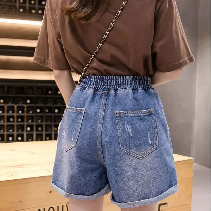 Large Size Broken Hole Cowboy Shorts Women Thin Section Wide Loose Tight High Waist Skinny A Word Wide Leg Fattening Hollowing