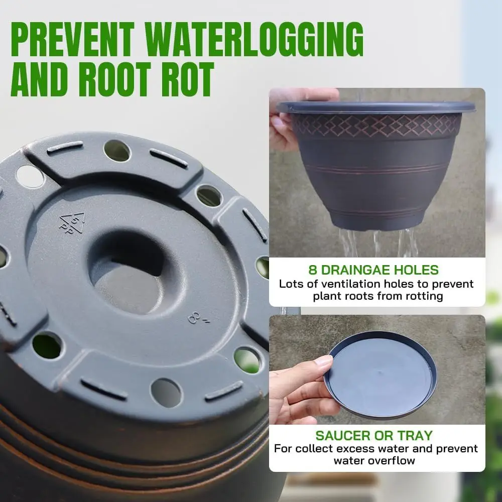 10 Inch 4-Pack Plastic Plant Pots with Drainage Holes and Saucer for Indoor/Outdoor Use