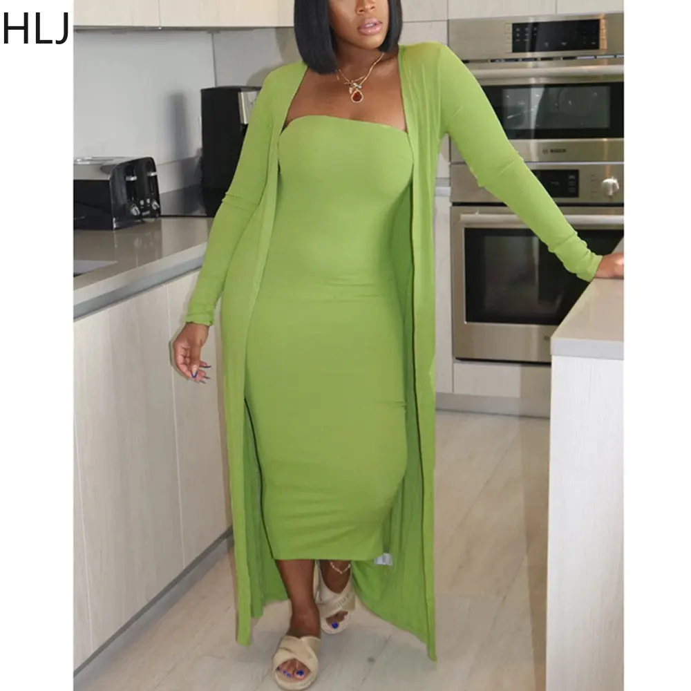 HLJ Casual Off Shoulder Bodycon Dress And Long Sleeve Cardigan Coats Women Solid Color Matching 2pcs Outfits Female Tracksuits