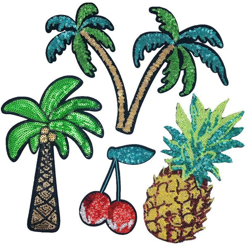 1Pcs Large Sequins Embroidered Cloth Patches Coconut Pineapple Cherry Hot Melt Glue Embroidered Badge Fusible Patch Iron Jackets