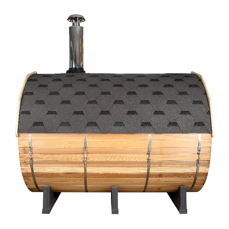 Customized Cheap Price Solid Wood Barrel Sauna 6KW Outdoor Dry Steam Sauna with Bubble Panoramic Window and Heating Stove
