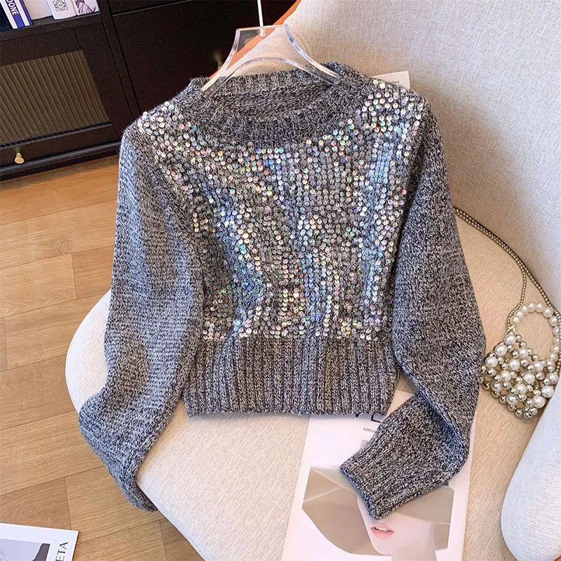 Chic Sequin Women Sweater Pullovers O Neck Knitwear y2k Tops Female Long Sleeve Casual Knit Jumper Women clothing spring autumn